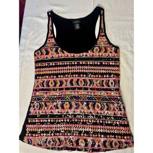 RUE 21 Y2K Style Aztec Tribal Sequin Tank Top Small Black Back Festival Concert